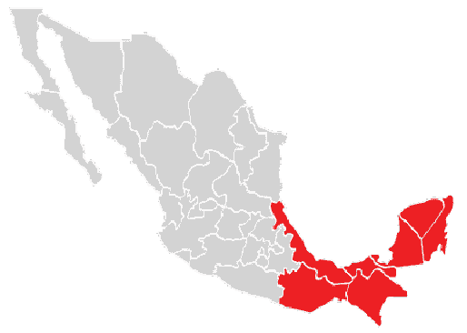 Mapa de la republica mexicana con el sureste coloreado en rojo, representando la cobertura de servicio de Gruas Lumiales